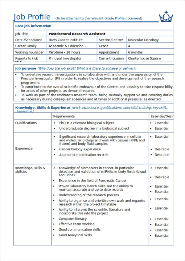 postdoctoral research assistant job profile sample