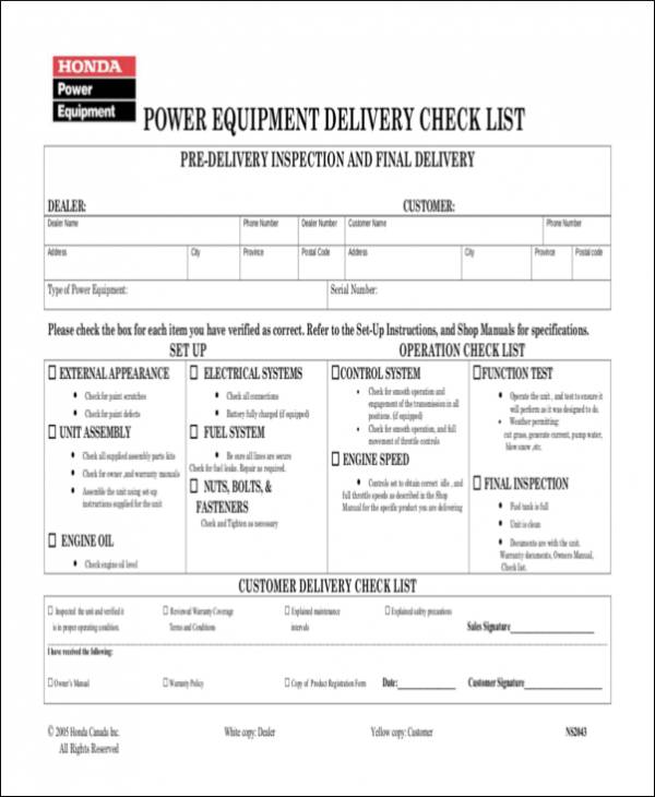 power equipment delivery check list