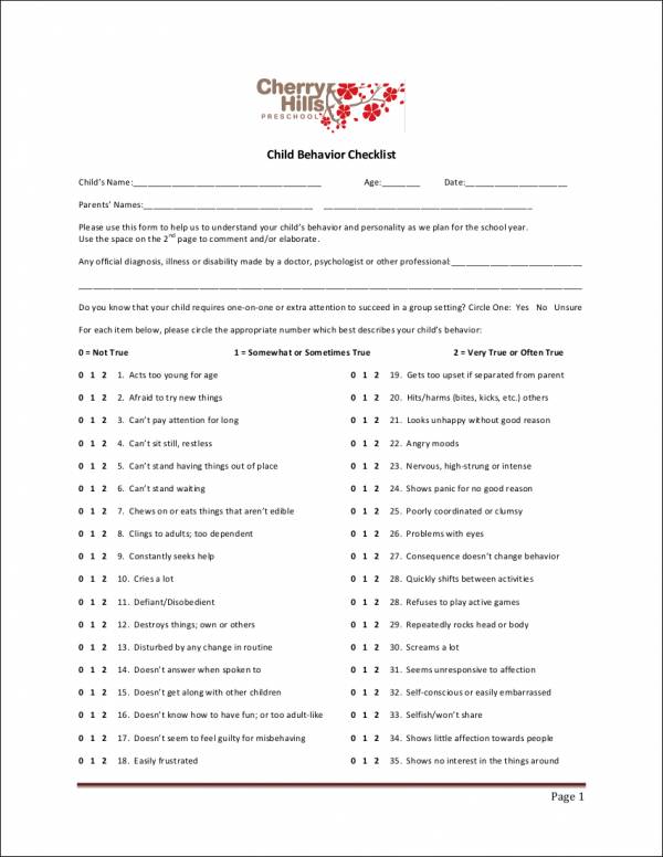 preschool child behavior checklist