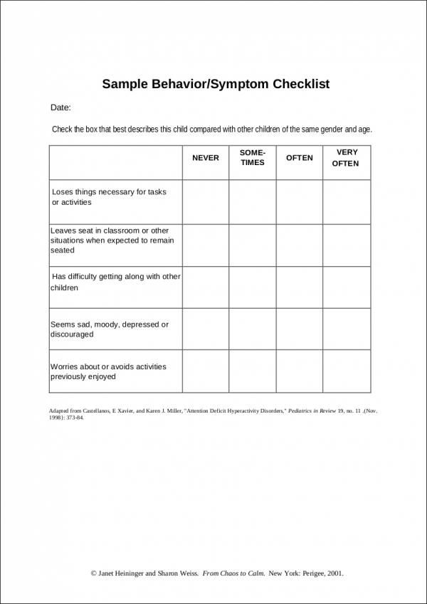 printable child behavior checklist