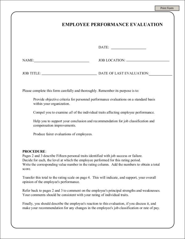 printable employee performance evaluation form