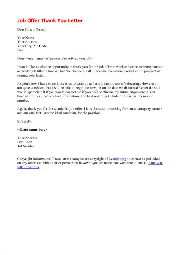 Printable Job Offer Thank You Letter Template 