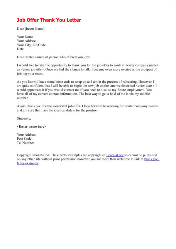 Thank You Letter For Job Offer Thank You Letter Template Thank You 