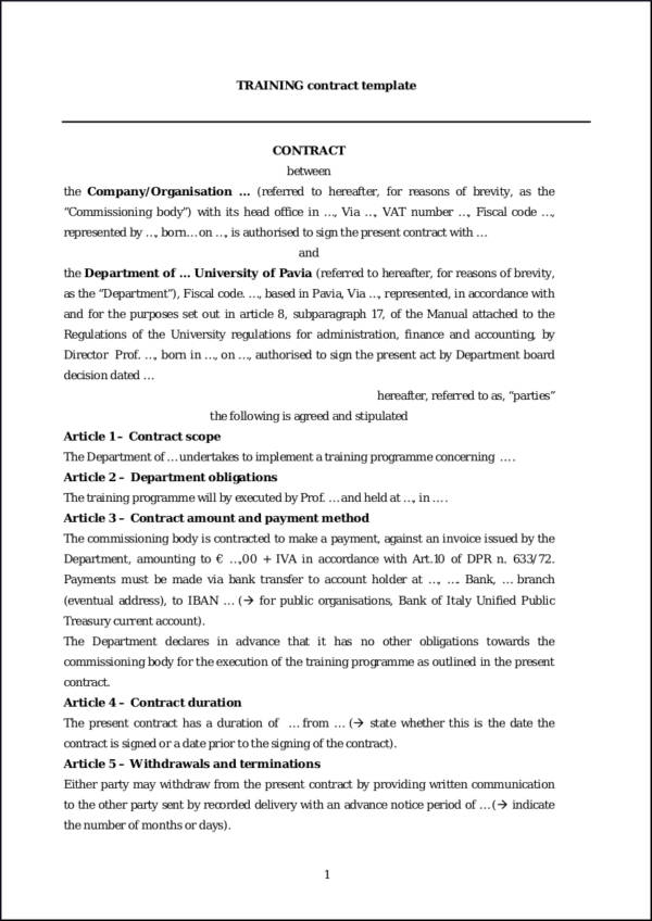 printable training contrat template