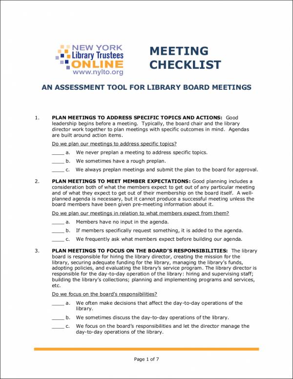 sample board meeting checklist template