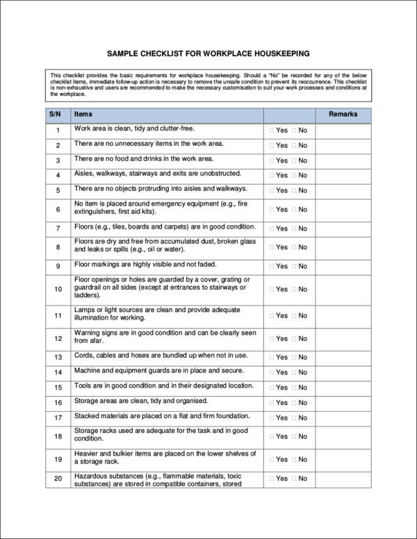 sample checklist for workplace housekeeping