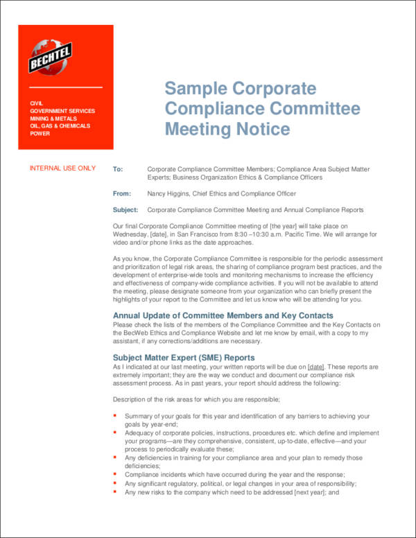 sample corporate compliance meeting notice