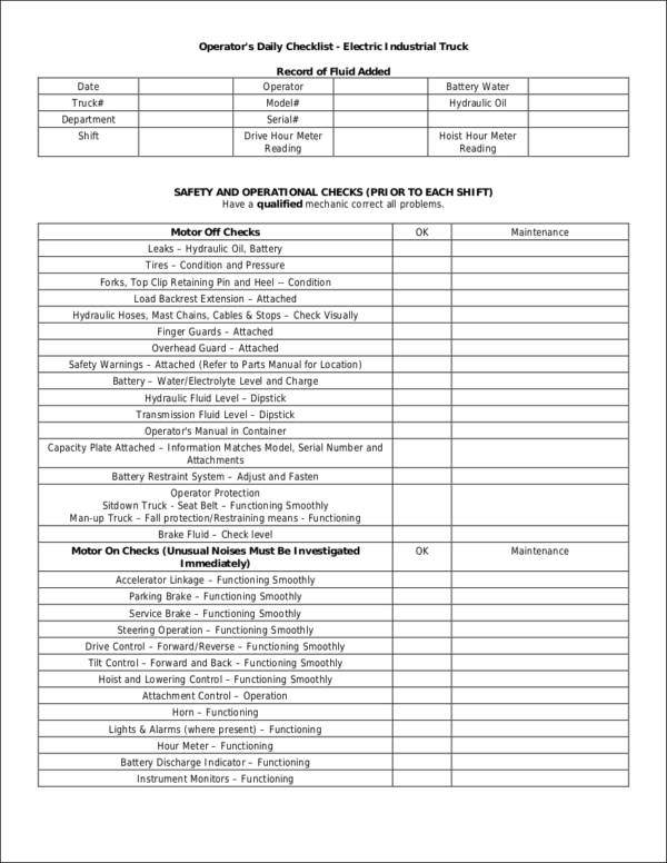 sample daily checklists for powered industrial trucks