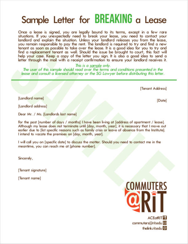 sample letter for breaking a lease