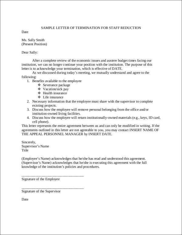 sample letter of termination for staff reduction
