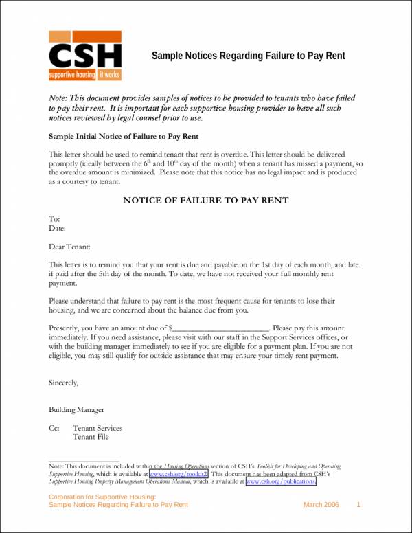 sample notices regarding failure to pay rent 