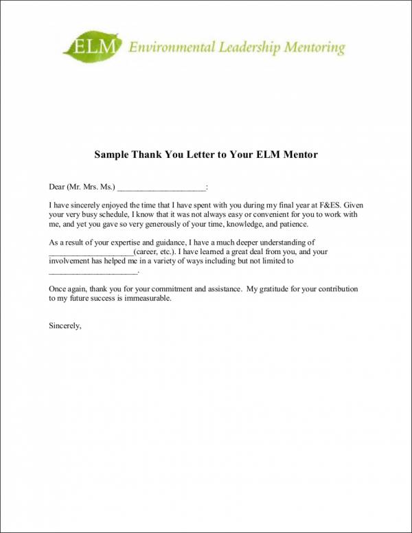 sample thank you letter to elm mentor