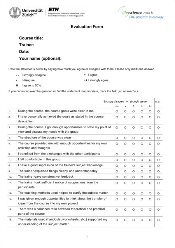 sample trainer evaluation form template