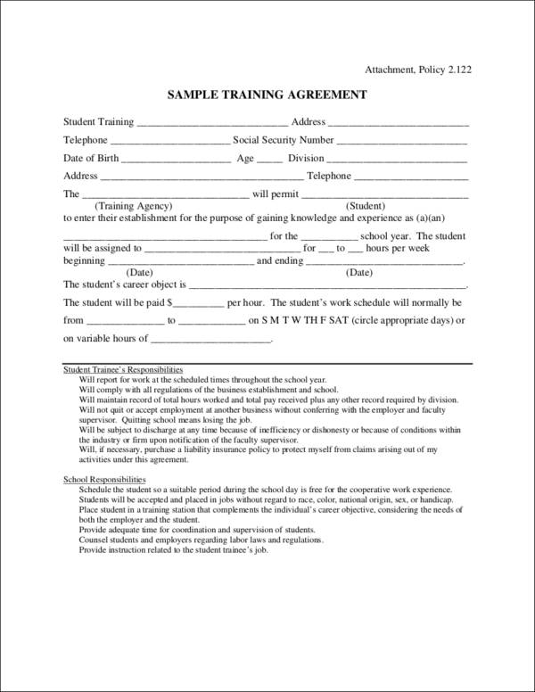 Training Contract Template   Sample Training Agreement Contract Template 