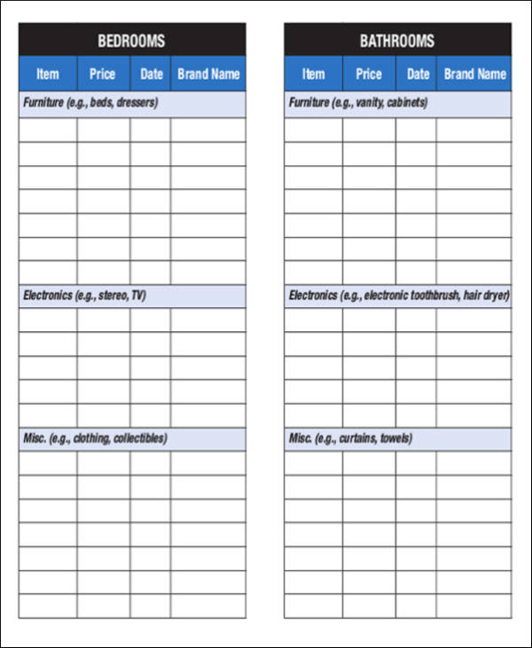 specific home inventory checklist sample