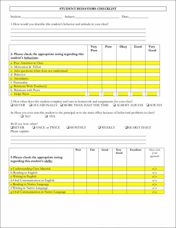 student behavior checklist template