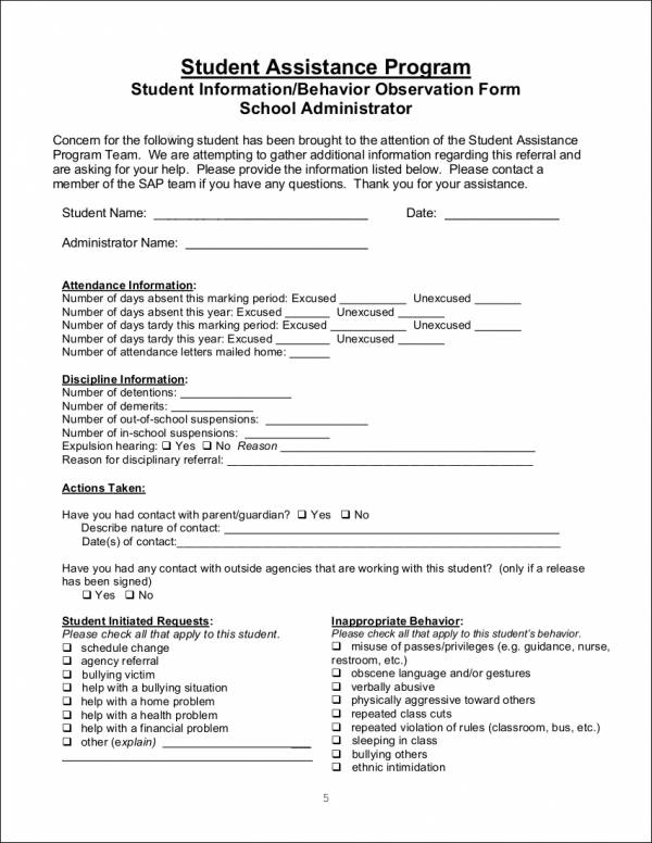 student behavior observation checklist template