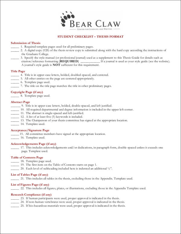 student checklist template for thesis