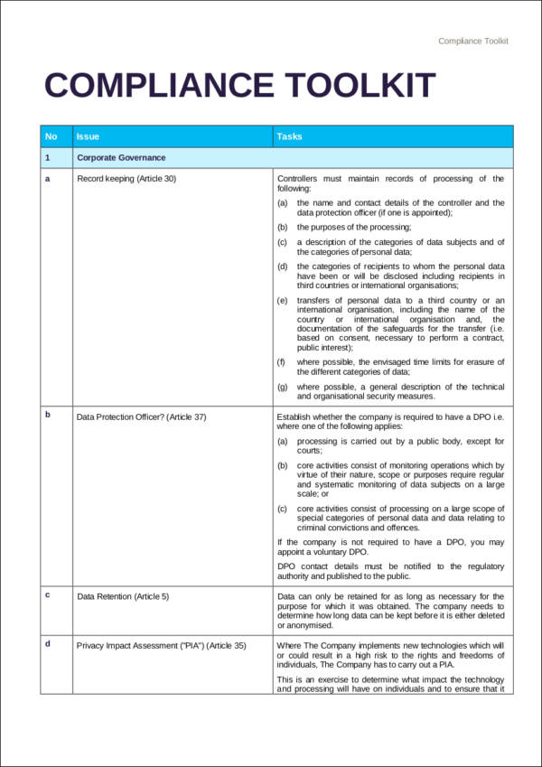 task checklist template for compliance