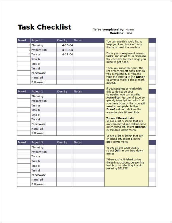 task checklist template for project
