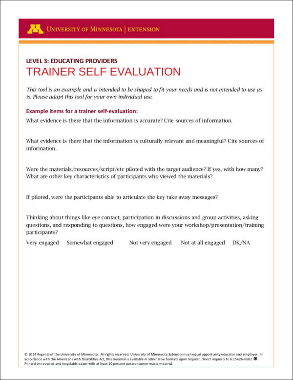 trainer self evaluation form example