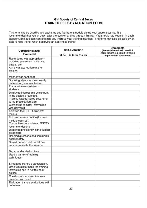 trainer self evaluation form template