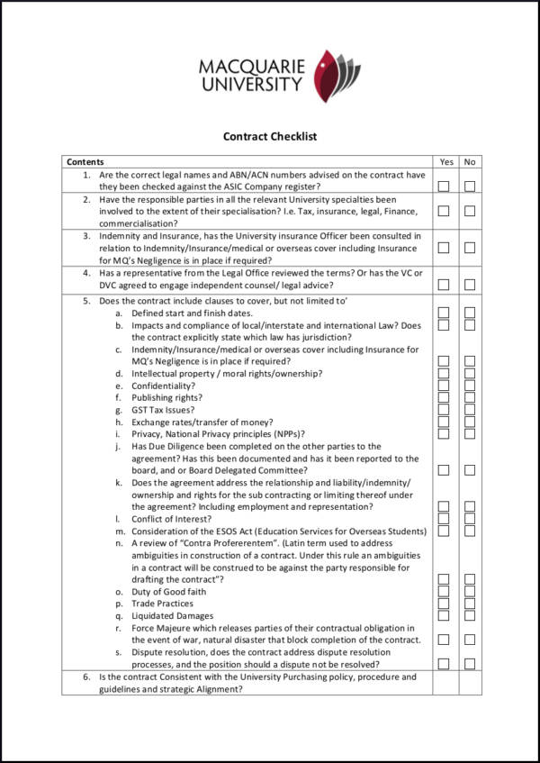 university contract checklist