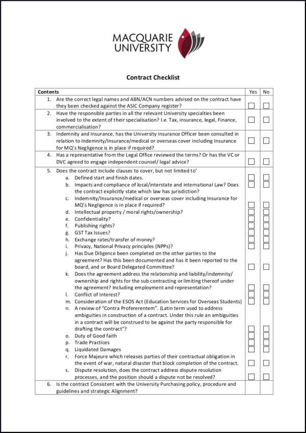 Contract Checklist Template Word