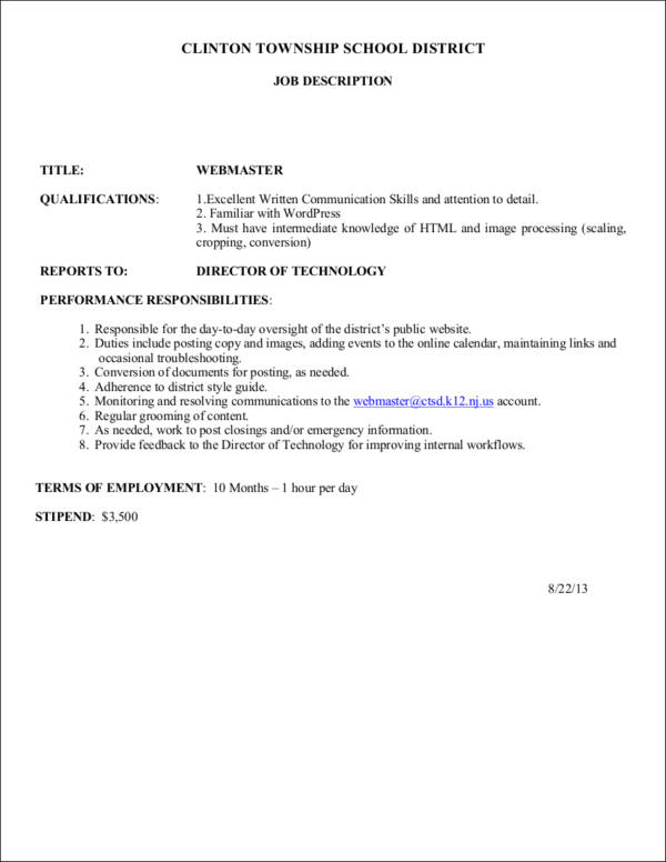 webmaster job profile sample