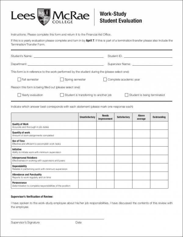 work study student evaluation form