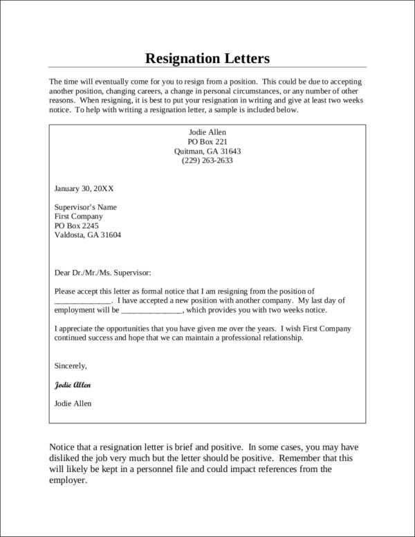 two weeks resignation notice template