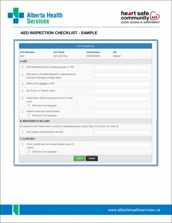 aed inspection checklist sample