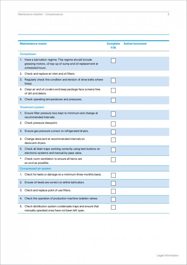 air compressor maintenance checklist template
