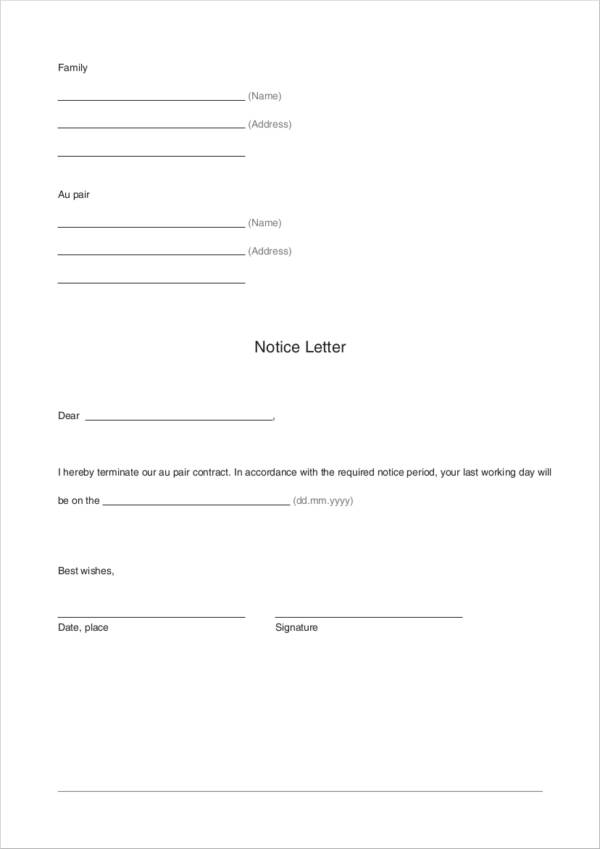 au pair contract termination letter