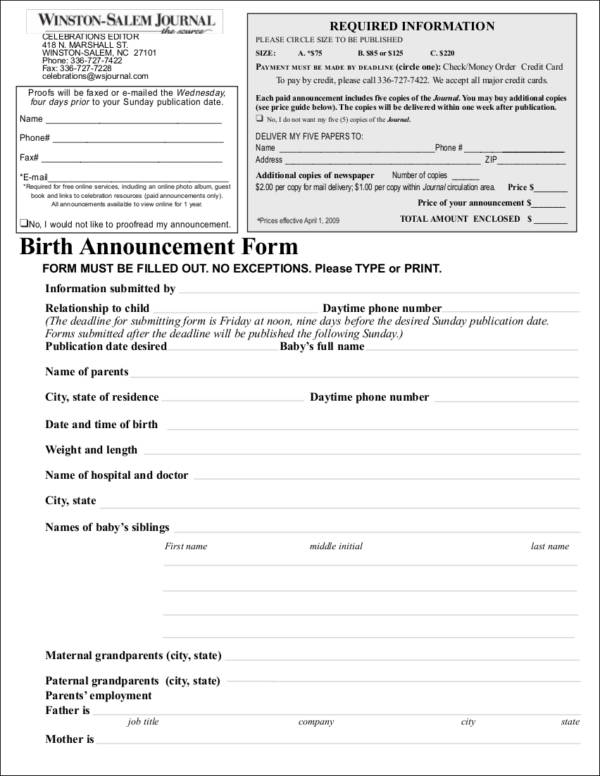 birth notice form for journal