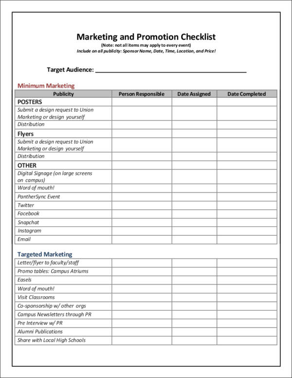 blank marketing and promotion checklist template