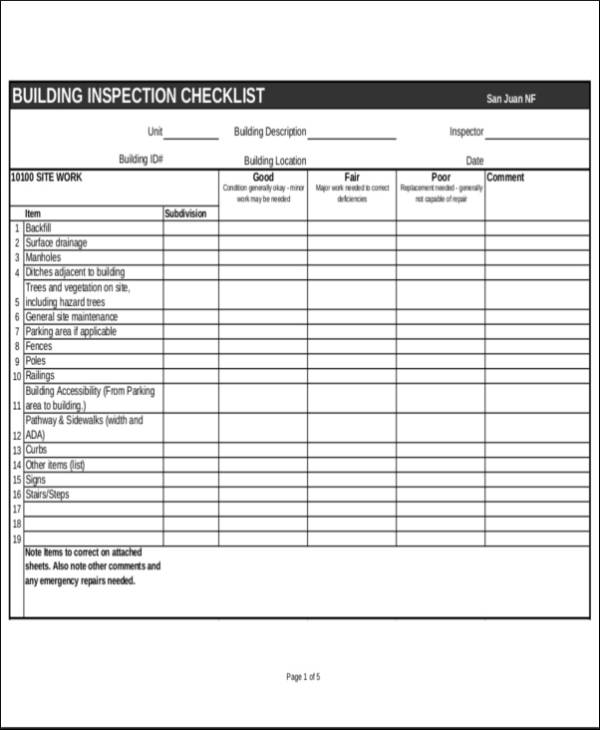 building inspection checklist sample