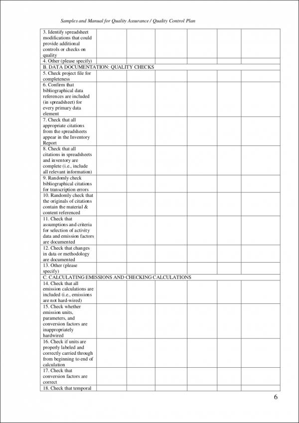 checklist template for quality assurance quality control plan
