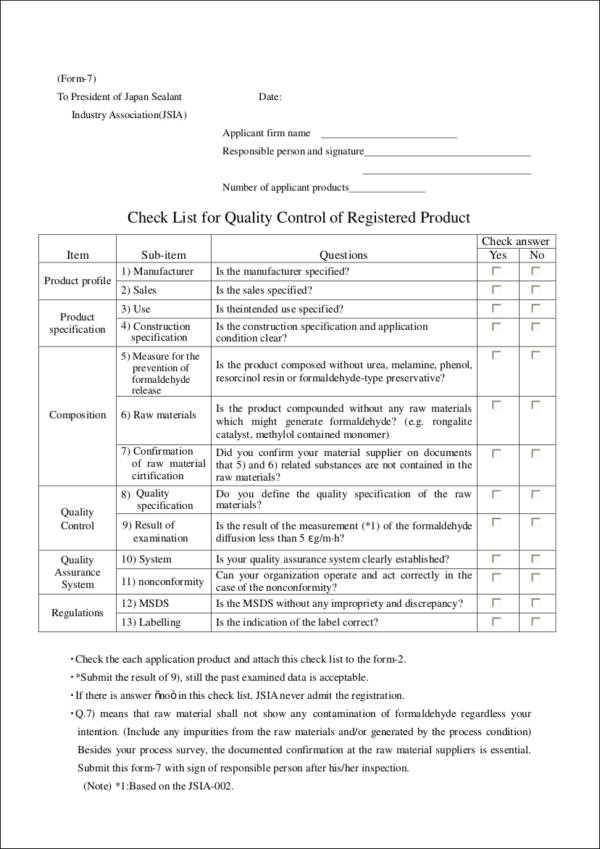 checklist template for quality control of registered products