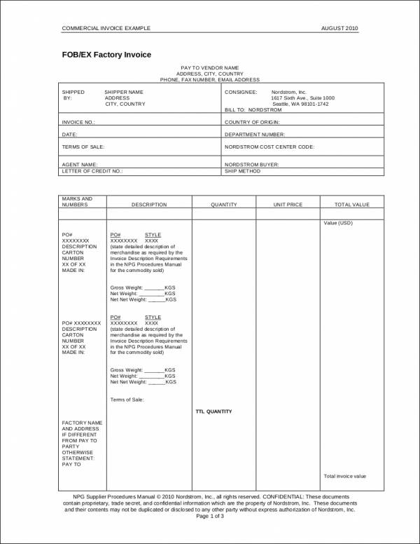 commercial invoice sample for factory