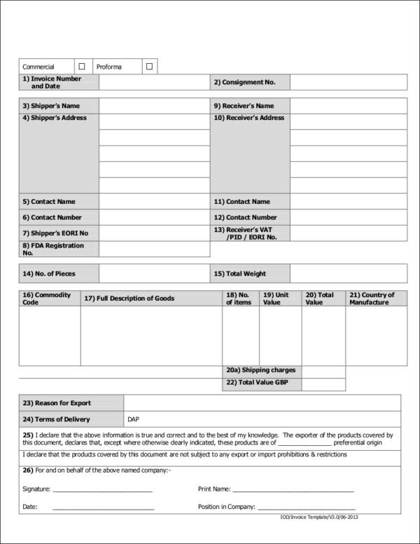commercial sales invoice template for shipment
