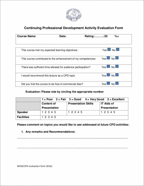 continuing professional development activity evaluation form