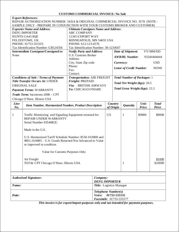customs commercial invoice sample