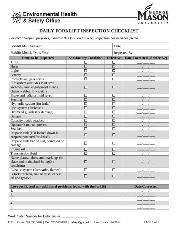 daily forklift inspection checklist sample