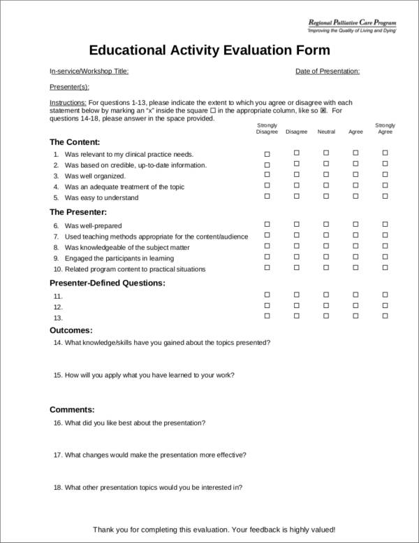 educational activity evaluation form