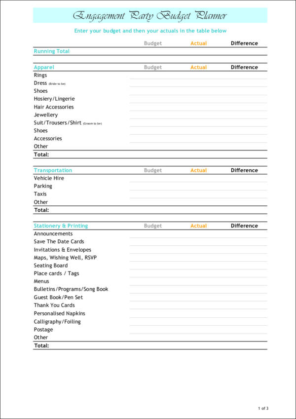 engagement party budget planner template