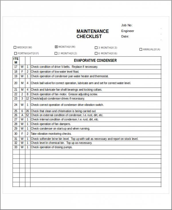 engineer maintenance checklist template 