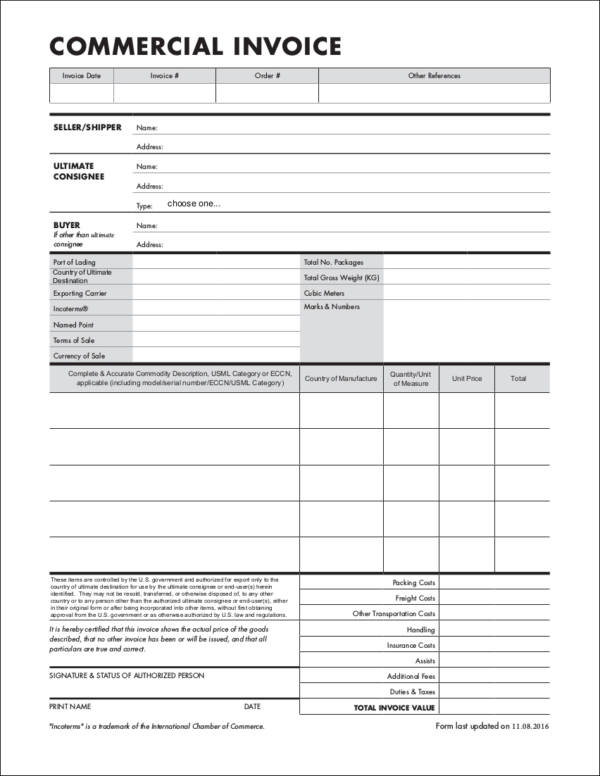 export commercial sales invoice template