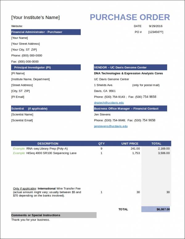 Free Purchase Order Template Google Docs