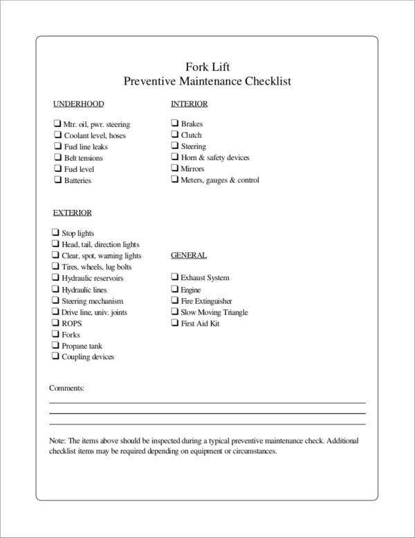 fork lift preventive maintenance checklist template